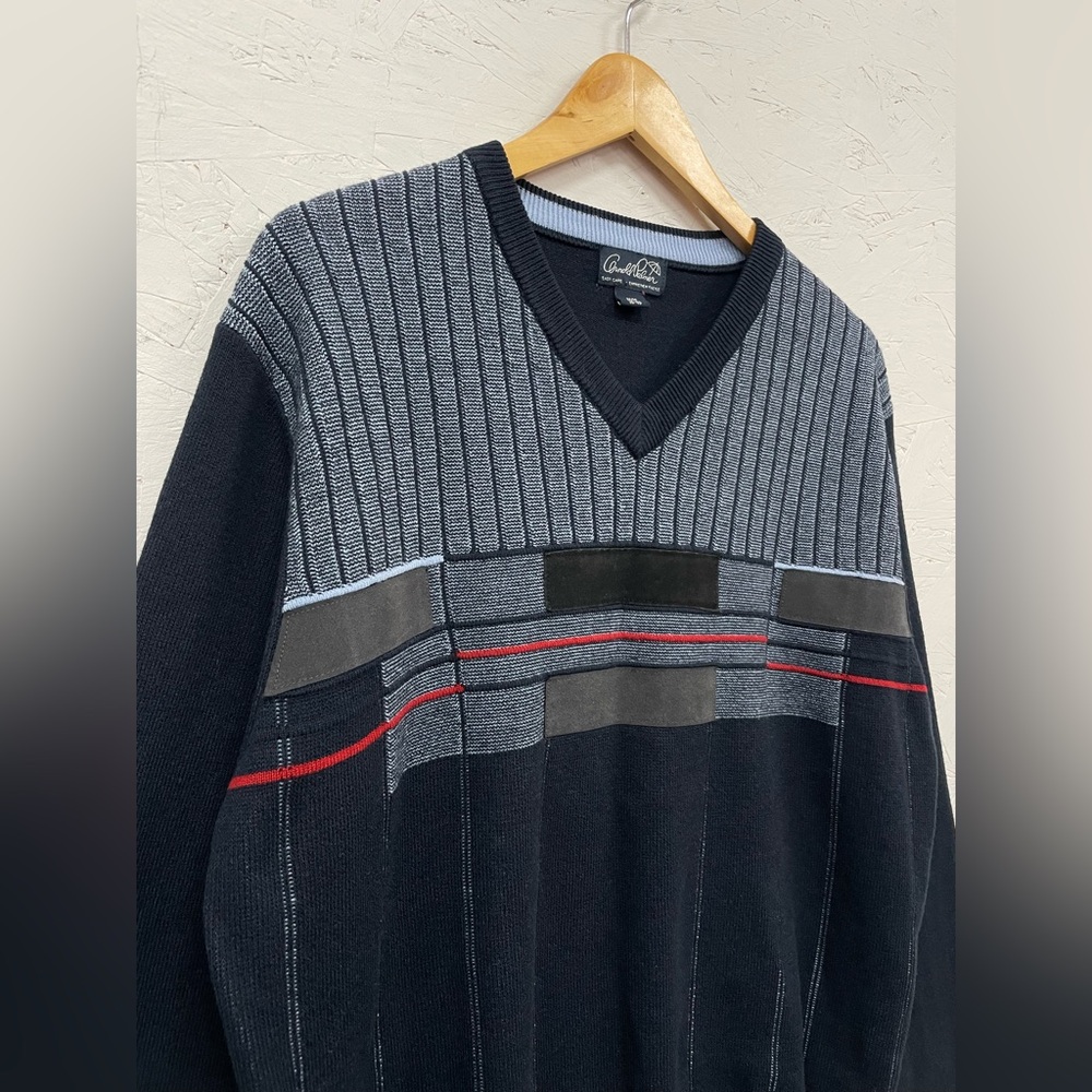 Vintage Arnold Palmer V-Neck Knit Sweater, Size M, Navy, Leather Strips
